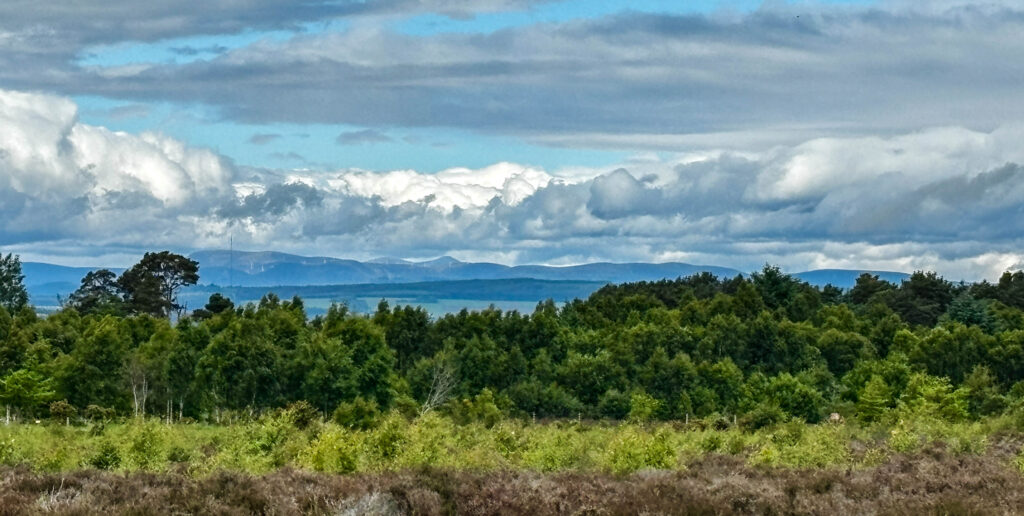 Weite Landschaft aus unterschiedlichen Farben. Im Hintergrund Berge und ein vielfarbiger Himmel mit Wolken.